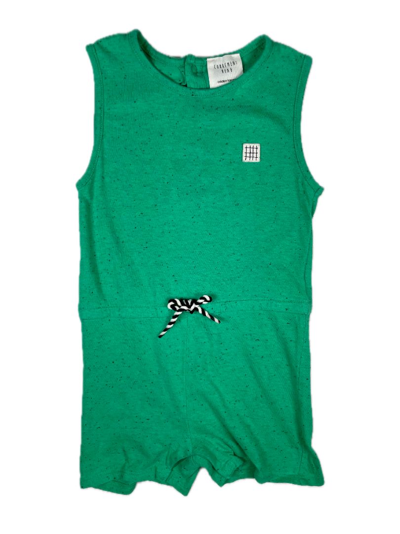18 mo, Carrément Beau, Green, Sleeveless speckled romper, decorative b&w tie at waist