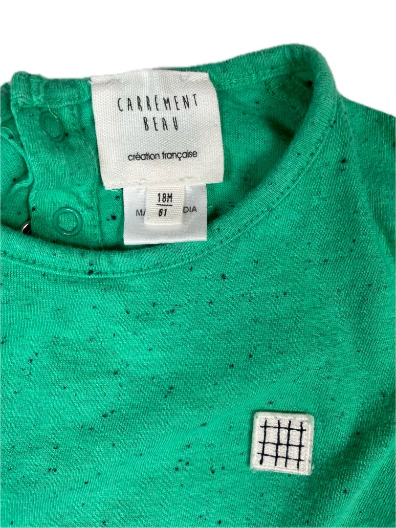 18 mo, Carrément Beau, Green, Sleeveless speckled romper, decorative b&w tie at waist
