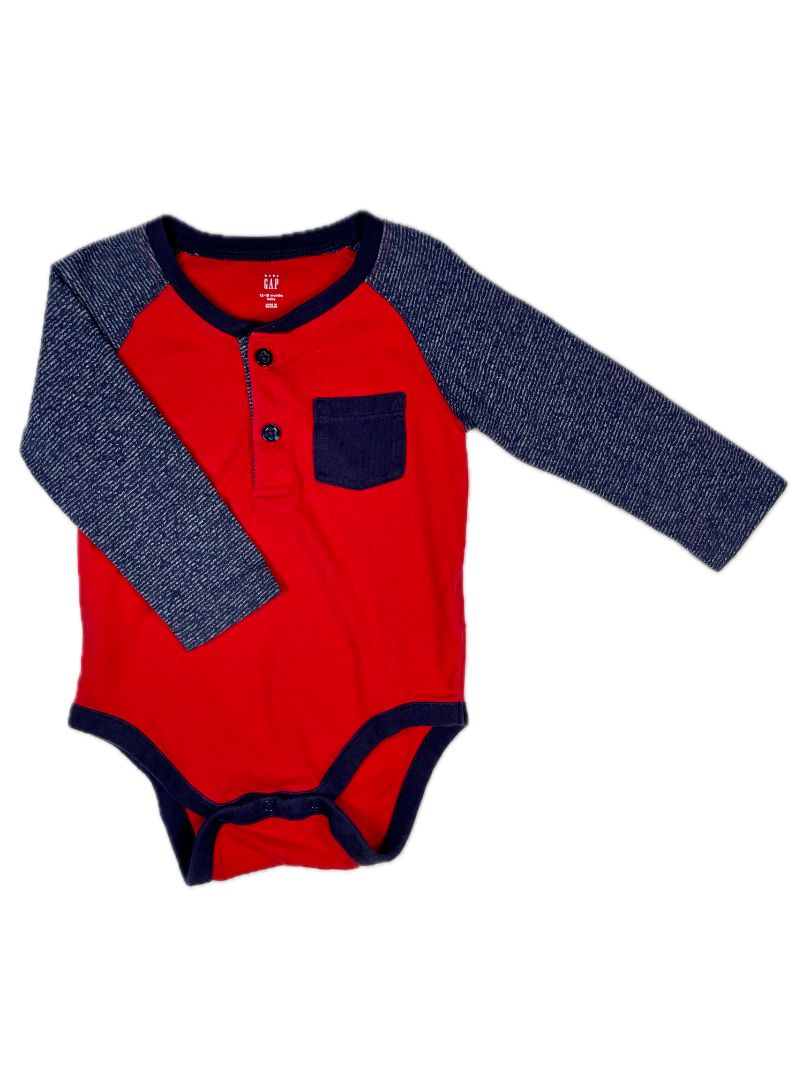 12-18 mo, babyGap, Red, Long-sleeve bodysuit, blue striped sleeves & pocket