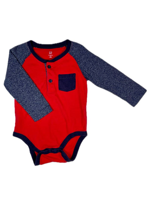 12-18 mo, babyGap, Red, Long-sleeve bodysuit, blue striped sleeves & pocket