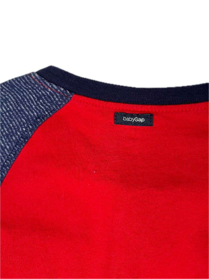 12-18 mo, babyGap, Red, Long-sleeve bodysuit, blue striped sleeves & pocket