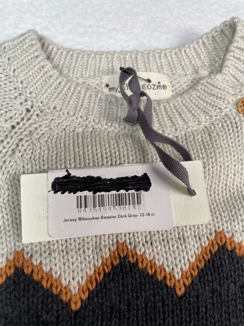 12-18 mo, My Little Cozmo, Grey, New w/ tags - Pullover cotton sweater, zig-zag at chest, buttons at collarbone