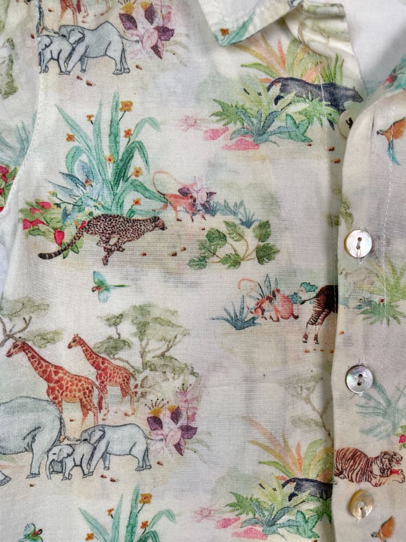 18 mo, Arsene et les Pipelettes, Cream, Safari animal print short-sleeve button-up shirt