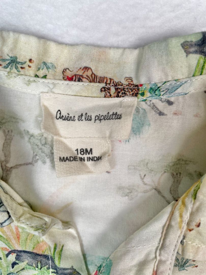 18 mo, Arsene et les Pipelettes, Cream, Safari animal print short-sleeve button-up shirt