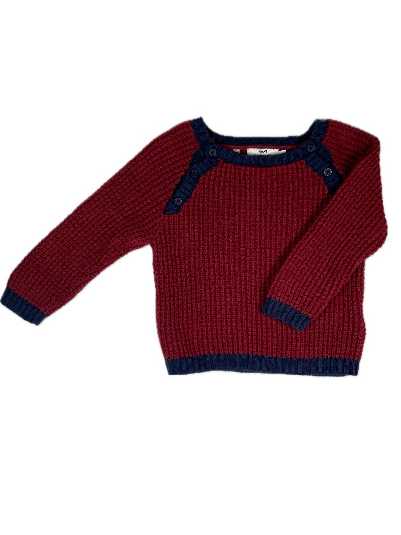 18 mo, Cyrillus, Red, Large-knit sweater, navy hems, buttons at collarbones, cotton + wool mix