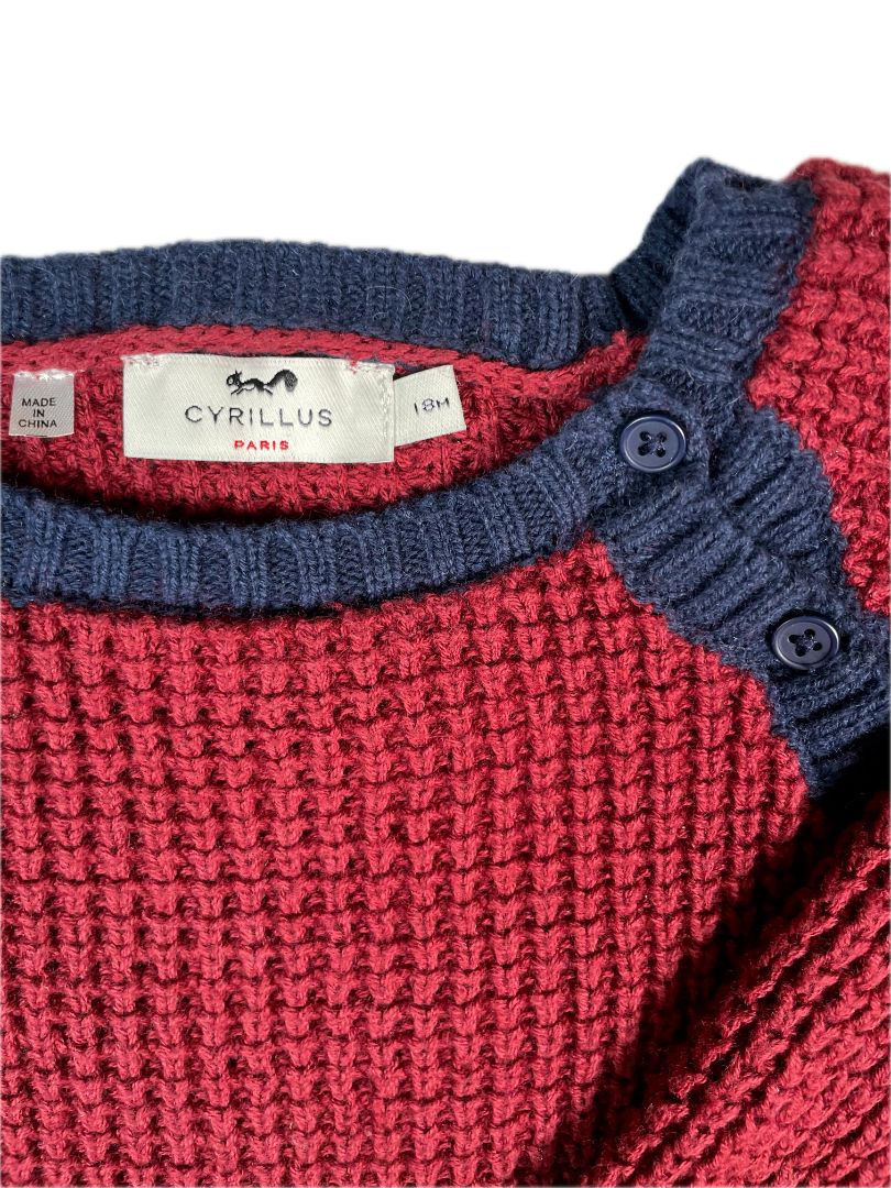 18 mo, Cyrillus, Red, Large-knit sweater, navy hems, buttons at collarbones, cotton + wool mix