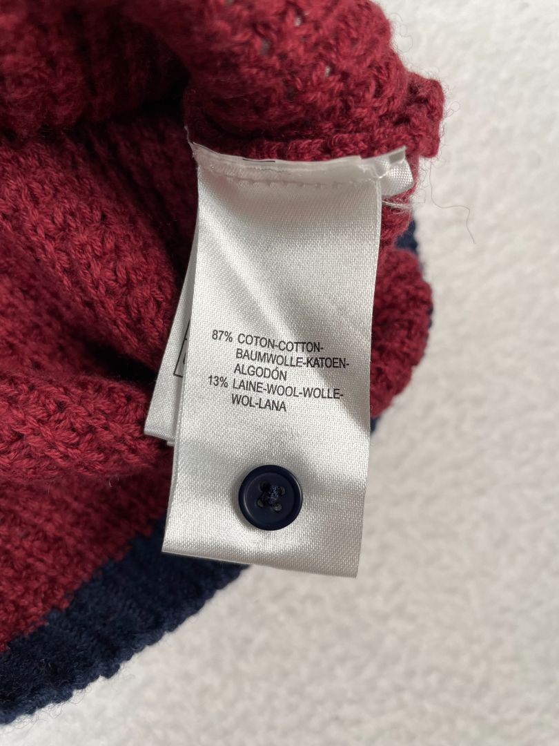 18 mo, Cyrillus, Red, Large-knit sweater, navy hems, buttons at collarbones, cotton + wool mix