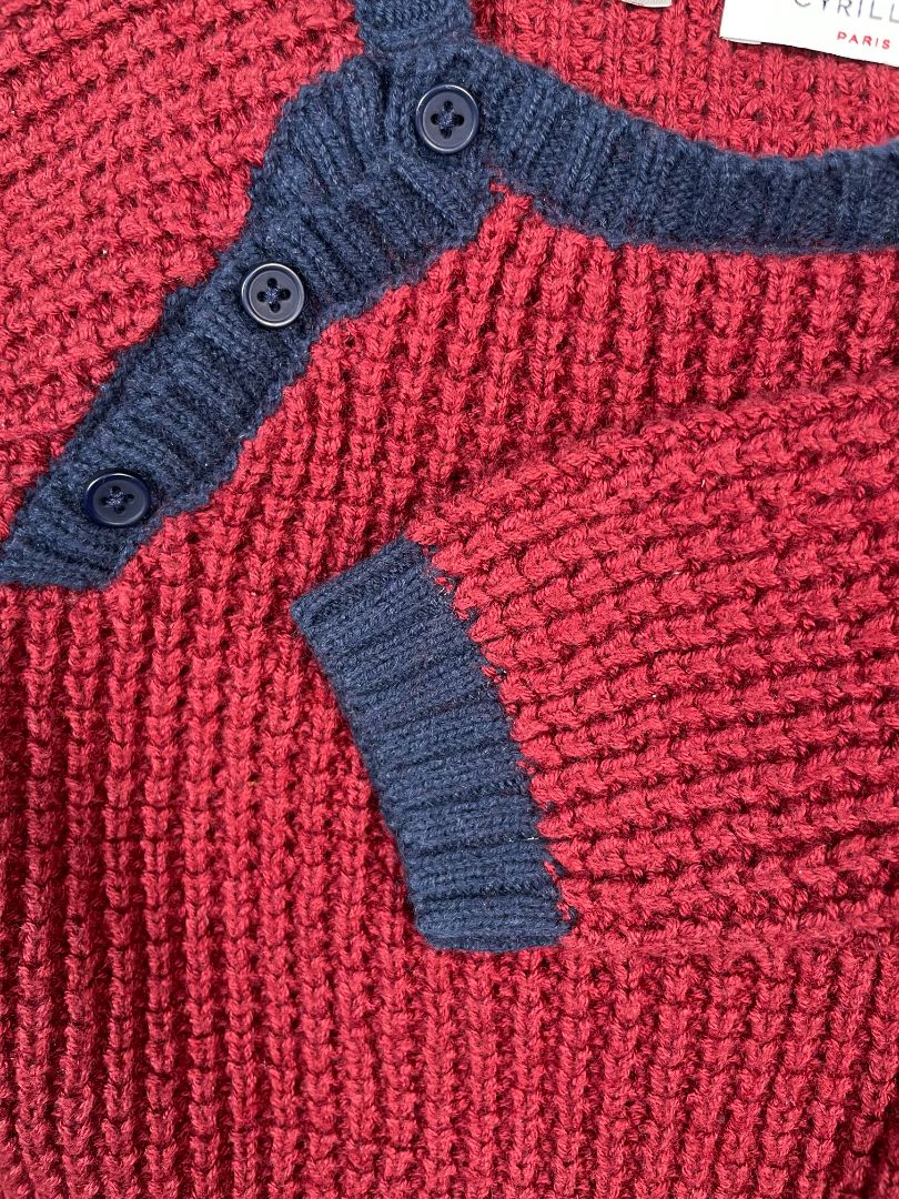 18 mo, Cyrillus, Red, Large-knit sweater, navy hems, buttons at collarbones, cotton + wool mix