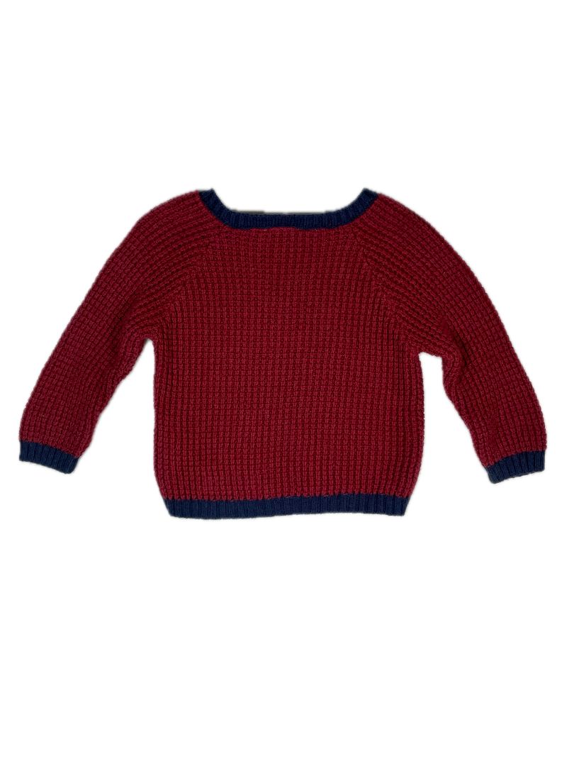 18 mo, Cyrillus, Red, Large-knit sweater, navy hems, buttons at collarbones, cotton + wool mix