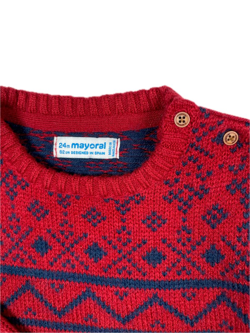 24 mo, Mayoral, Red, Jacquard sweater, blue pattern, buttons at shoulder