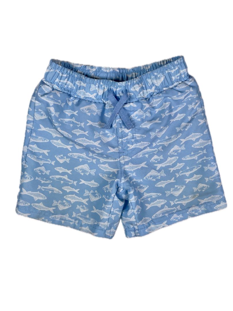 24 mo, Eddie Bauer, Blue, Fish print pull-on swim trunks, decorative tie