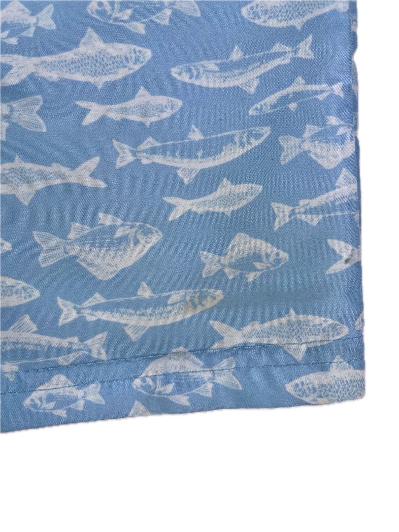 24 mo, Eddie Bauer, Blue, Fish print pull-on swim trunks, decorative tie