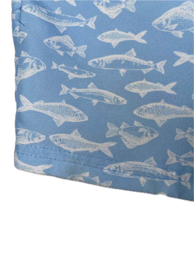 24 mo, Eddie Bauer, Blue, Fish print pull-on swim trunks, decorative tie