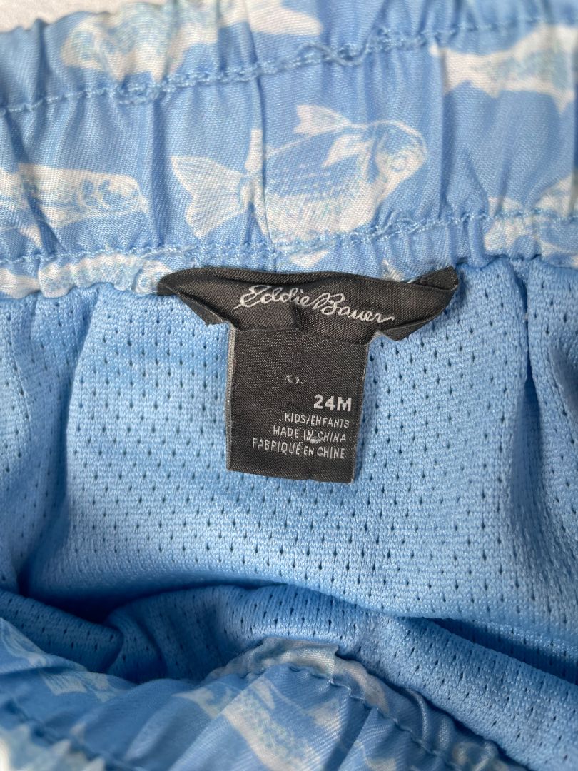 24 mo, Eddie Bauer, Blue, Fish print pull-on swim trunks, decorative tie