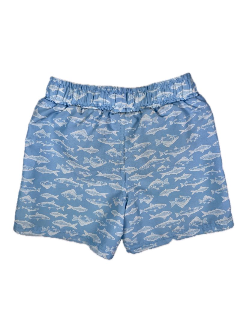 24 mo, Eddie Bauer, Blue, Fish print pull-on swim trunks, decorative tie