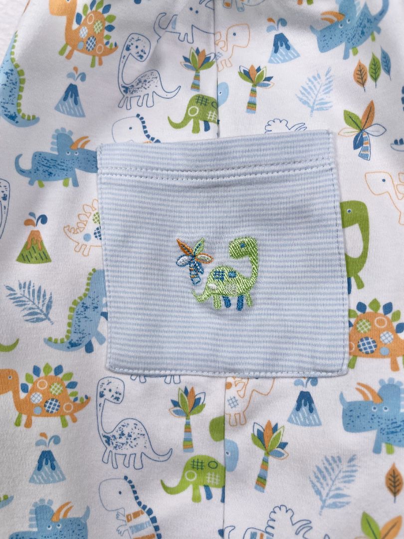 9 mo, Kissy Kissy, White, Pima cotton dinosaur playsuit, blue/green/orange