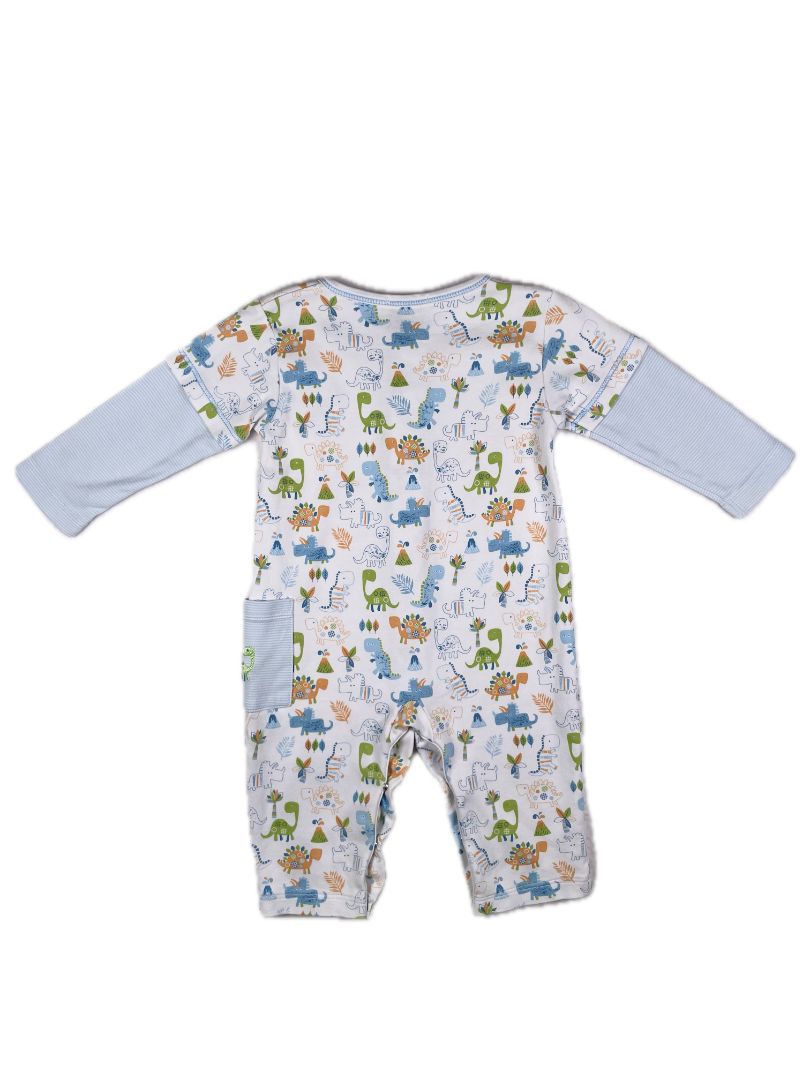 9 mo, Kissy Kissy, White, Pima cotton dinosaur playsuit, blue/green/orange