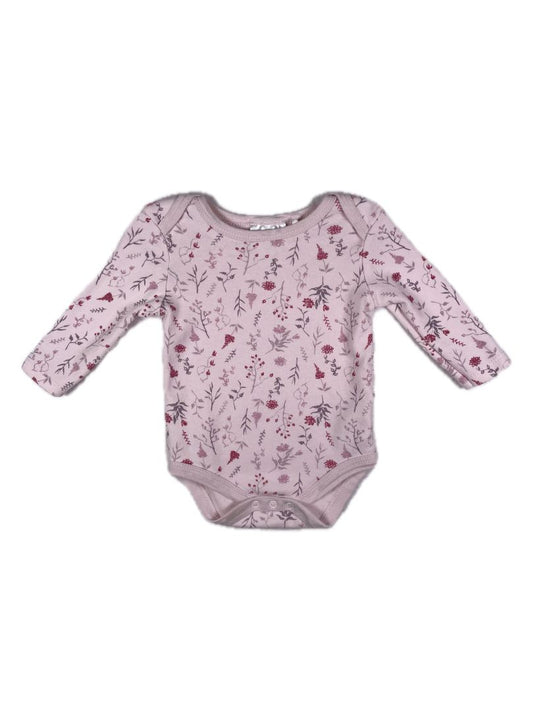 3-6 mo, Très Beau et Belle, Pink, Pima cotton flower/branch print long-sleeve bodysuit