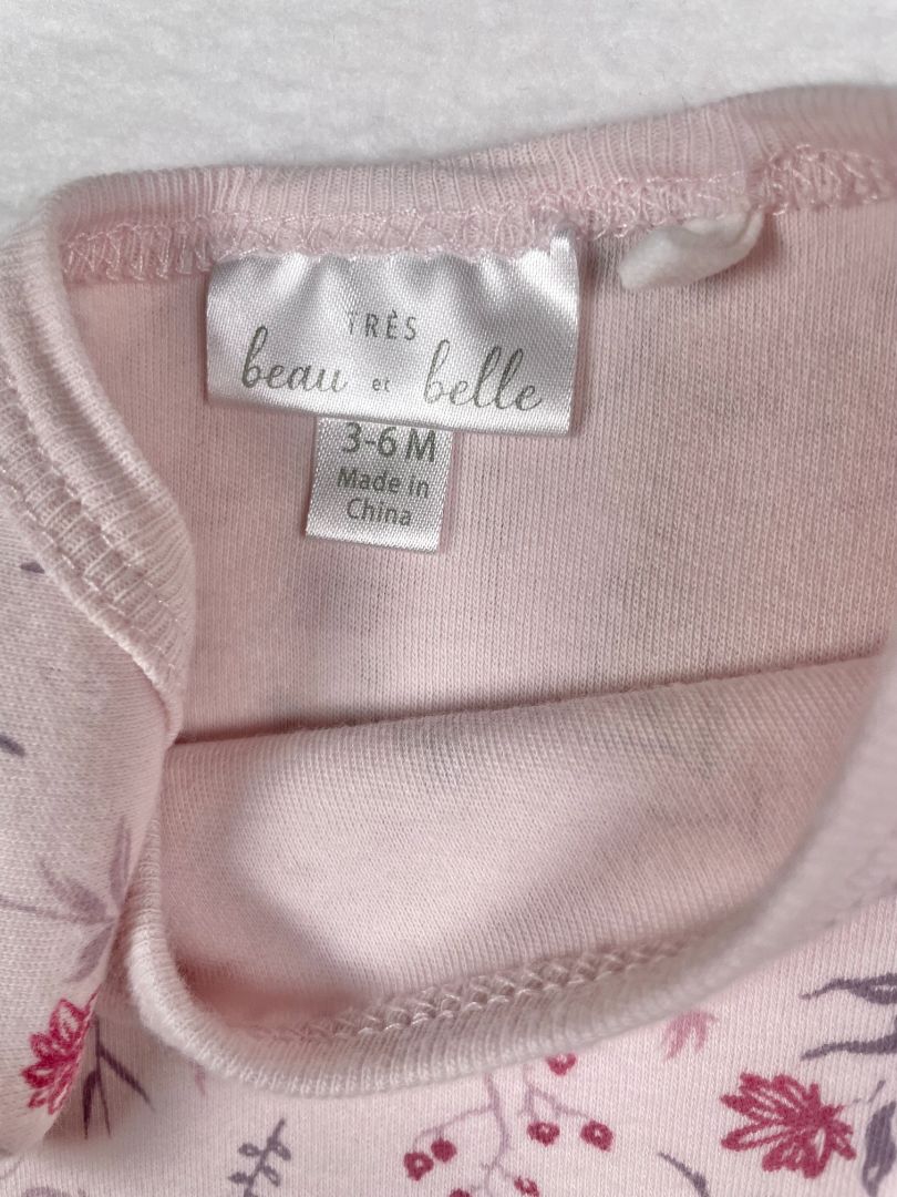 3-6 mo, Très Beau et Belle, Pink, Pima cotton flower/branch print long-sleeve bodysuit