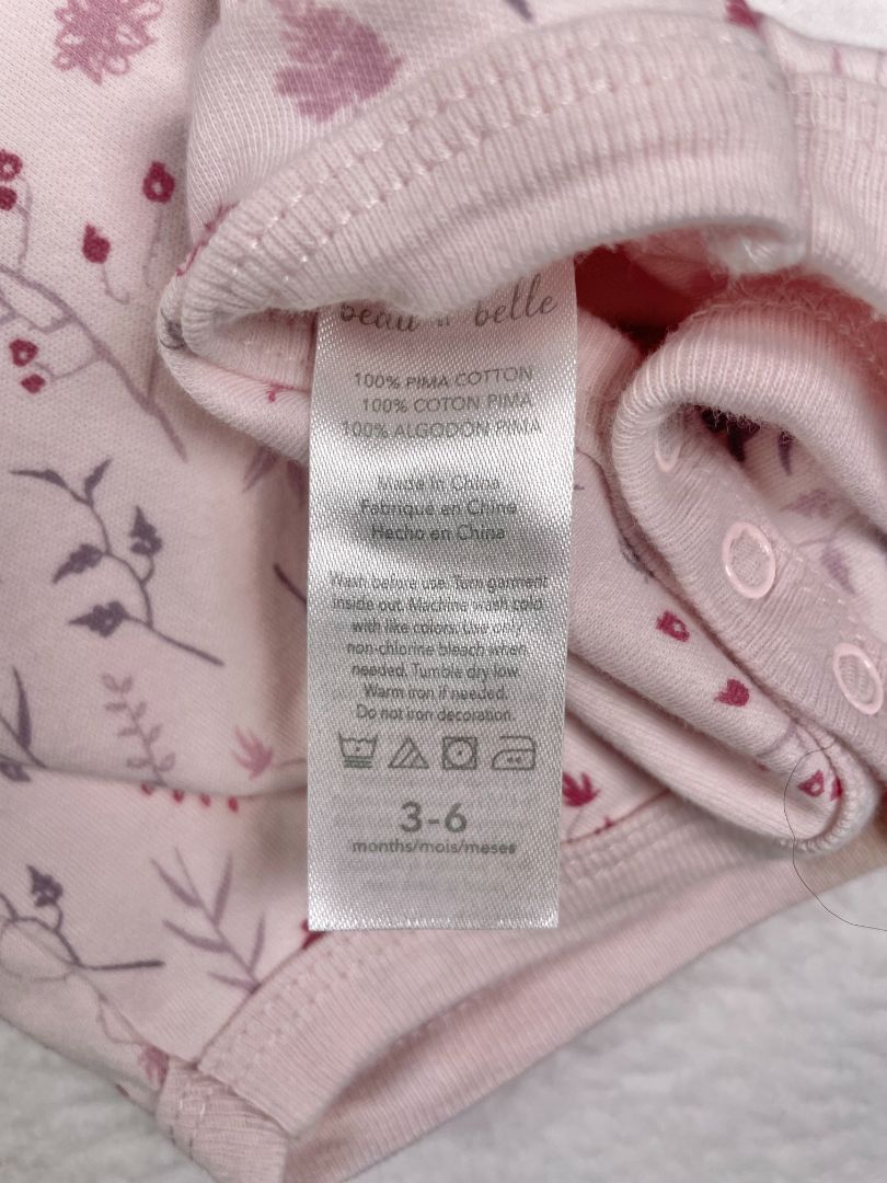 3-6 mo, Très Beau et Belle, Pink, Pima cotton flower/branch print long-sleeve bodysuit
