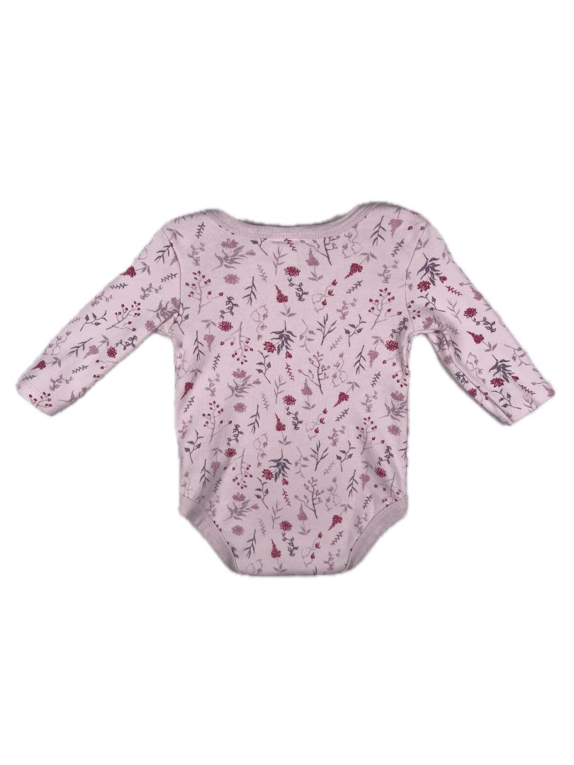 3-6 mo, Très Beau et Belle, Pink, Pima cotton flower/branch print long-sleeve bodysuit