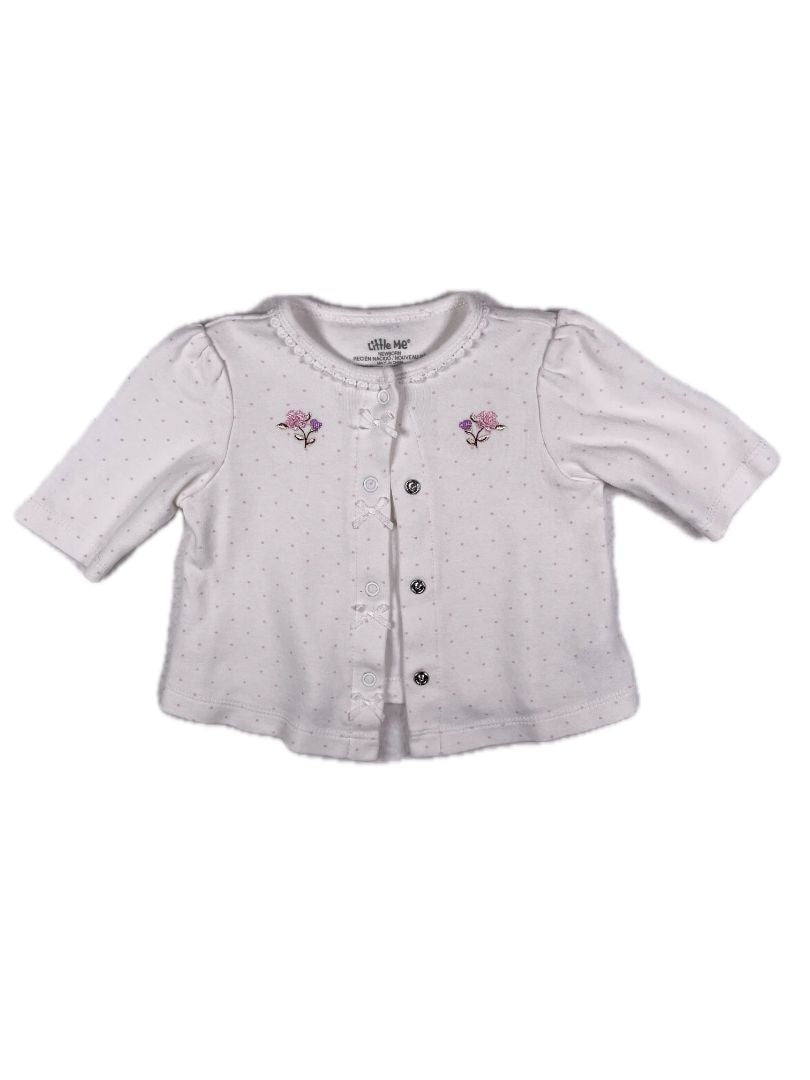 Newborn, Little Me, White, Pink polka dot snap-up long-sleeve shirt/layer w/ bows & embroidered flowers