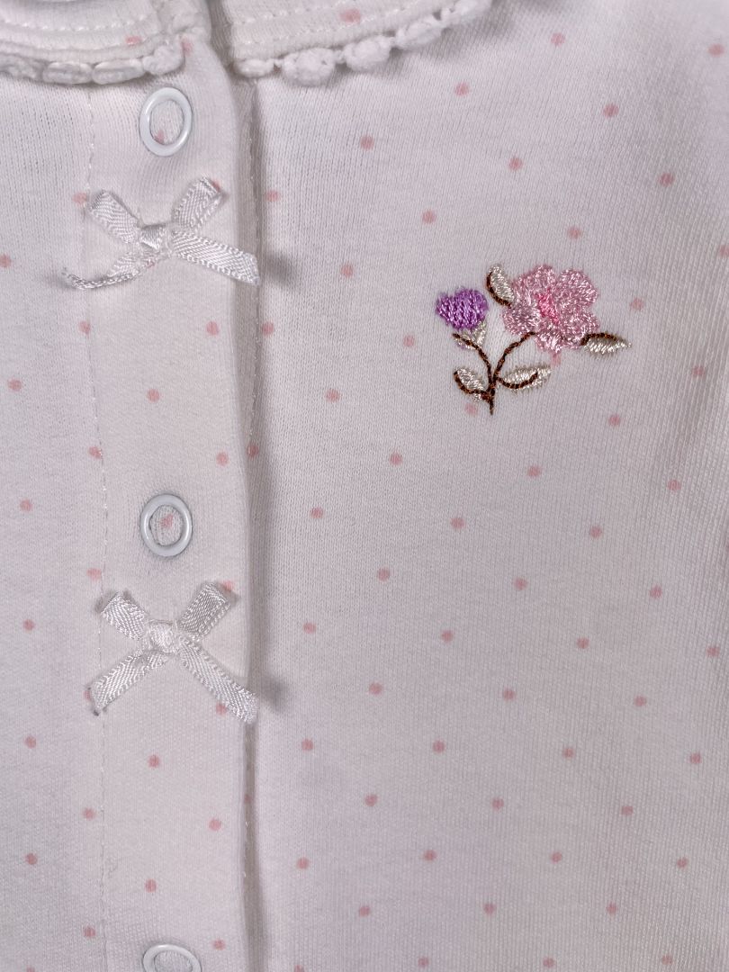 Newborn, Little Me, White, Pink polka dot snap-up long-sleeve shirt/layer w/ bows & embroidered flowers