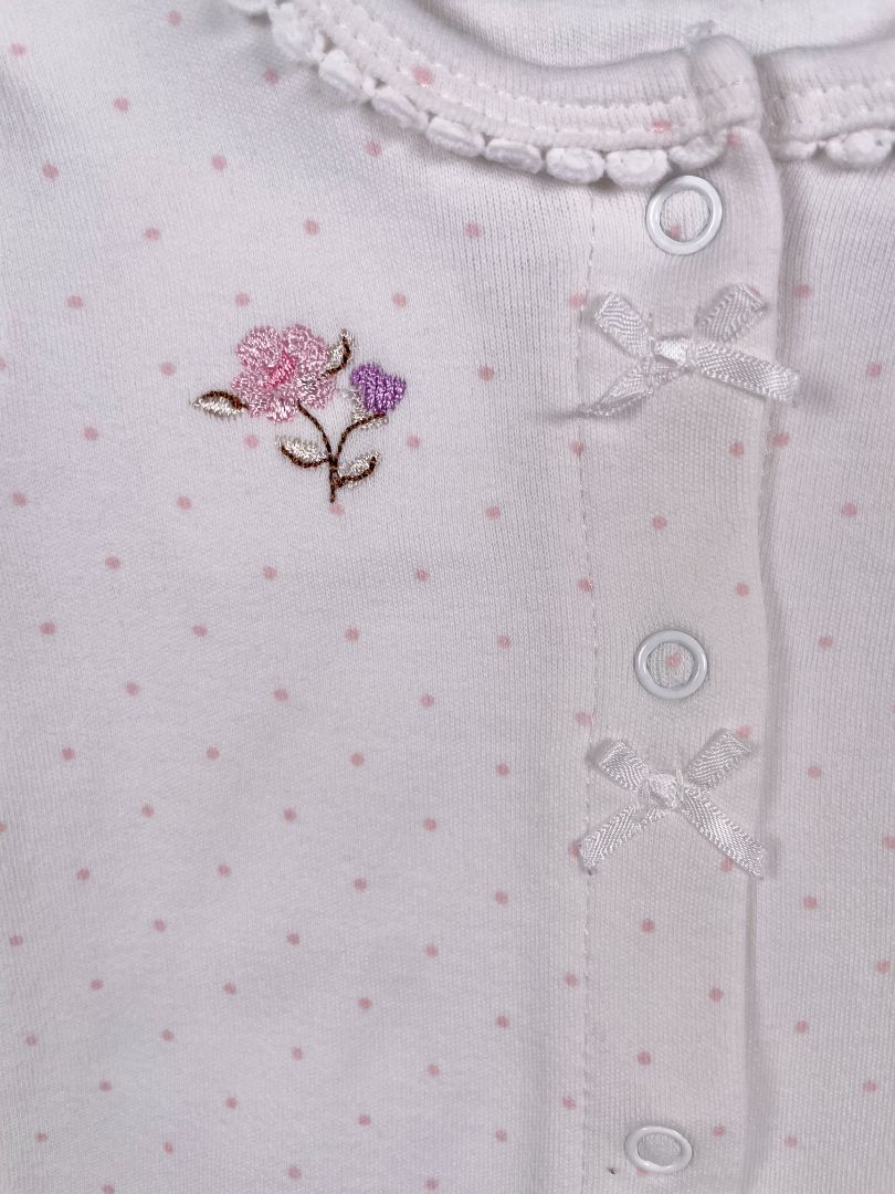 Newborn, Little Me, White, Pink polka dot snap-up long-sleeve shirt/layer w/ bows & embroidered flowers