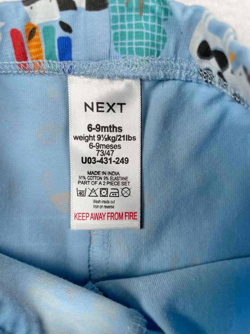6-9 mo, Next, Blue, Farm print long-sleeve top & legging SET