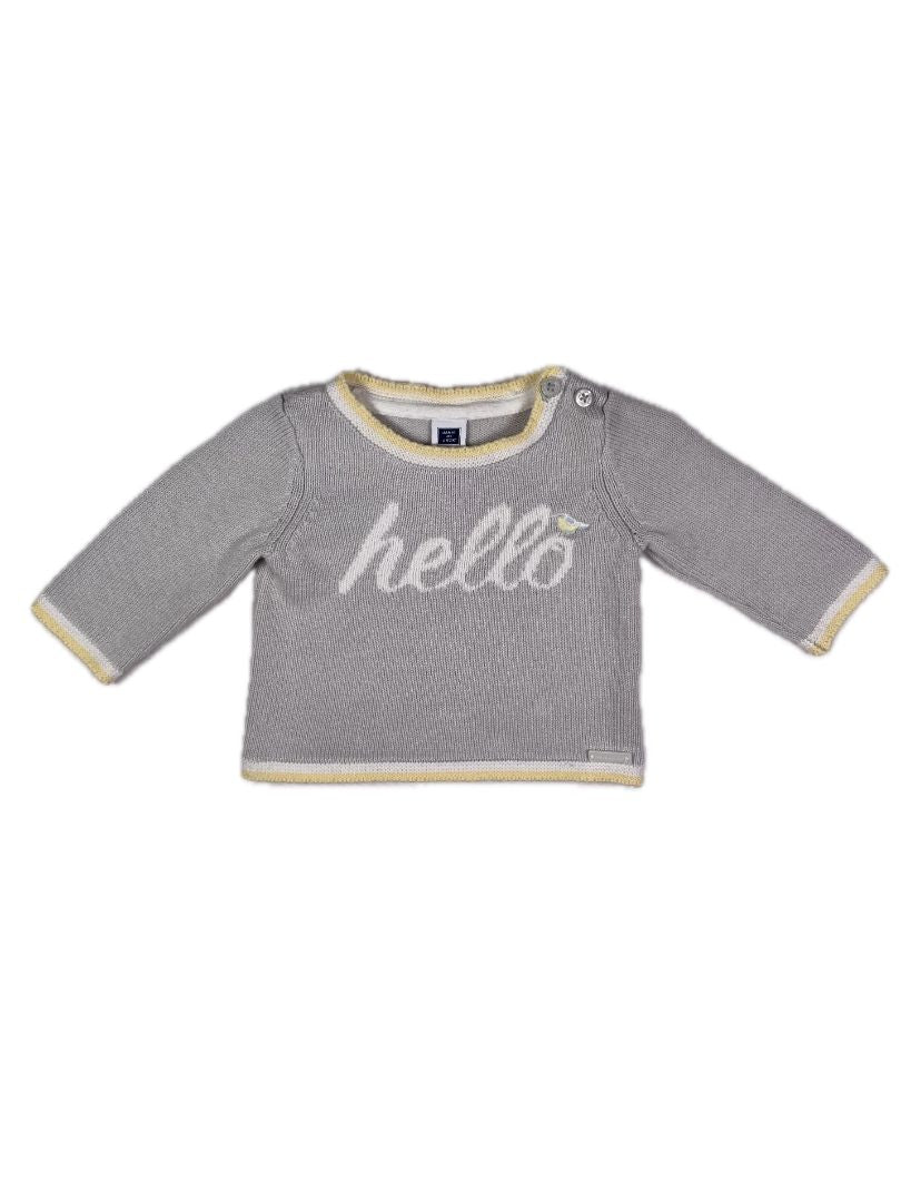 0-3 mo, Janie and Jack, Grey, "Hello" sweater with bird, yellow/white trim