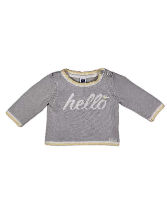 0-3 mo, Janie and Jack, Grey, "Hello" sweater with bird, yellow/white trim