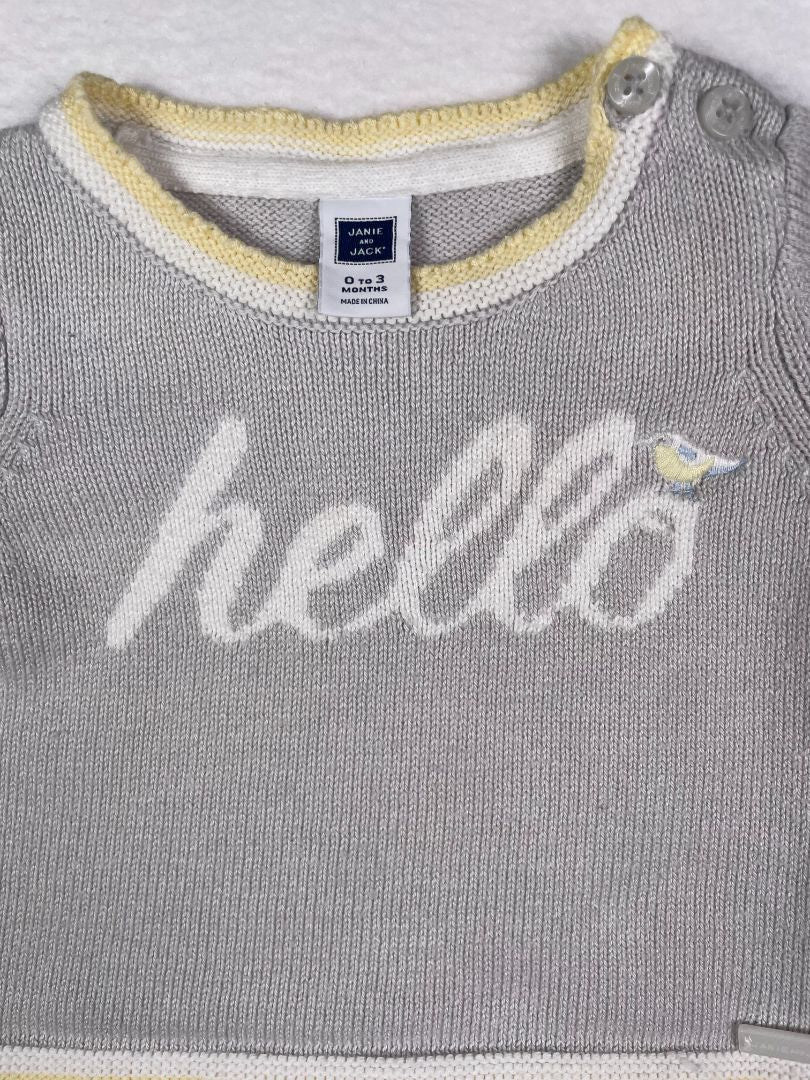 0-3 mo, Janie and Jack, Grey, "Hello" sweater with bird, yellow/white trim