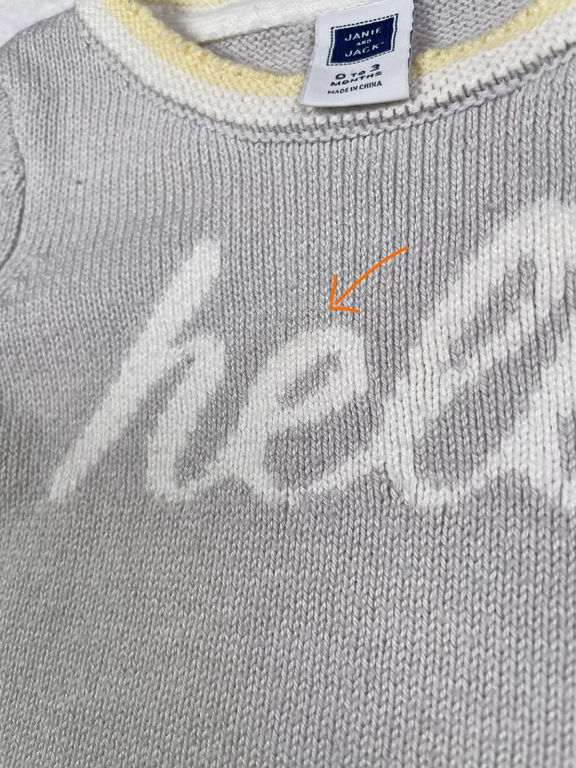 0-3 mo, Janie and Jack, Grey, "Hello" sweater with bird, yellow/white trim