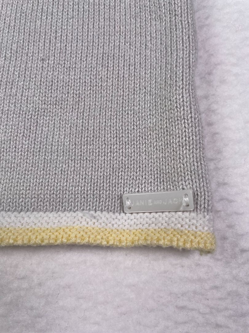 0-3 mo, Janie and Jack, Grey, "Hello" sweater with bird, yellow/white trim