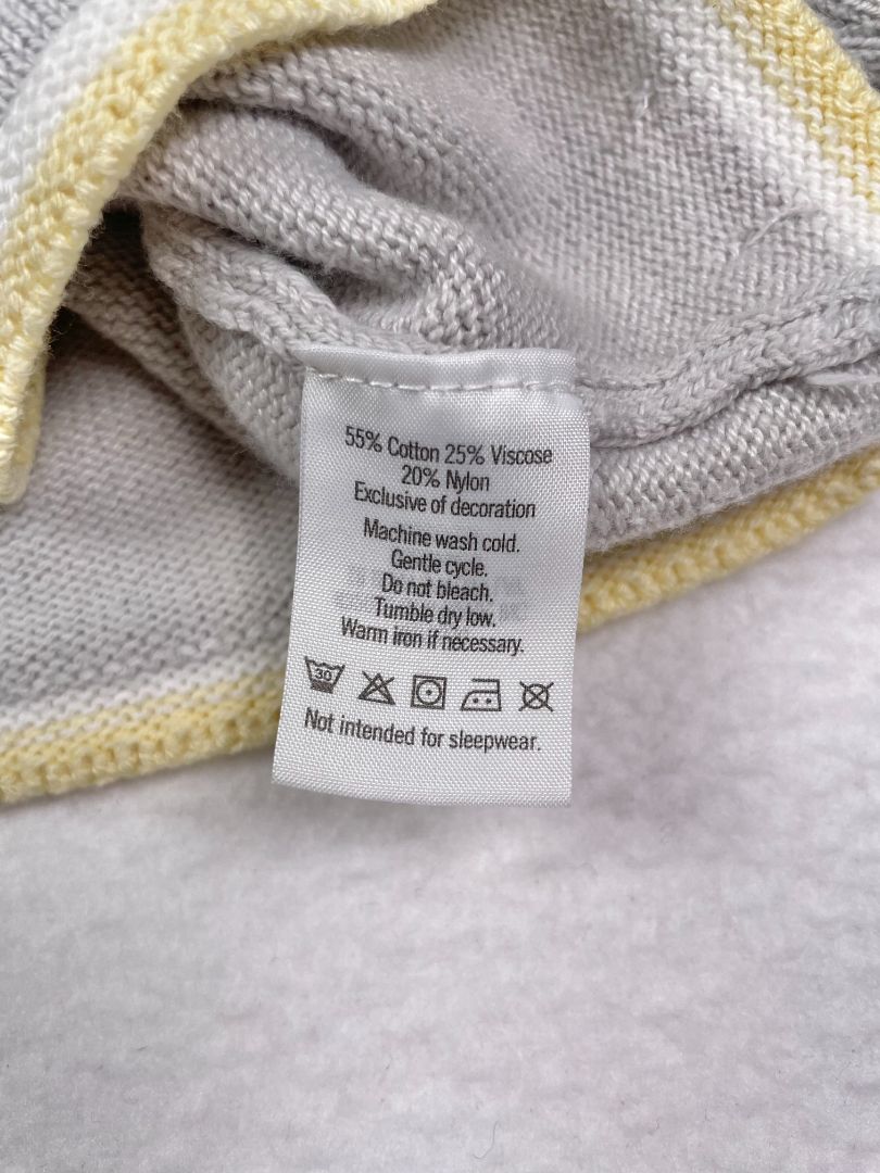 0-3 mo, Janie and Jack, Grey, "Hello" sweater with bird, yellow/white trim