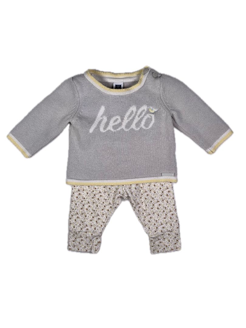 0-3 mo, Janie and Jack, Grey, "Hello" sweater with bird, yellow/white trim