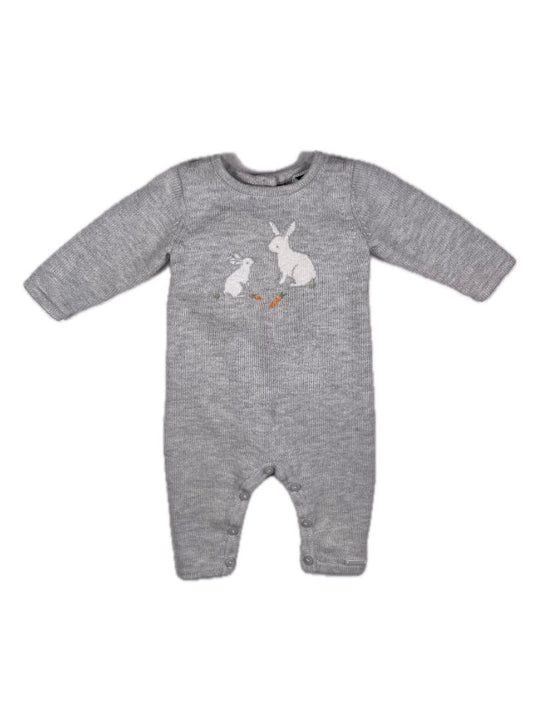 0-3 mo, Janie and Jack, Grey, Bunnies + carrots knit coverall, button legs, pockets on rear