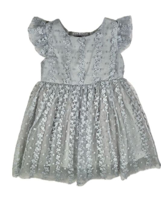 2/2T, Popatu, Grey, Tulle dress w/ floral & polka dot lace overlay, flutter sleeve