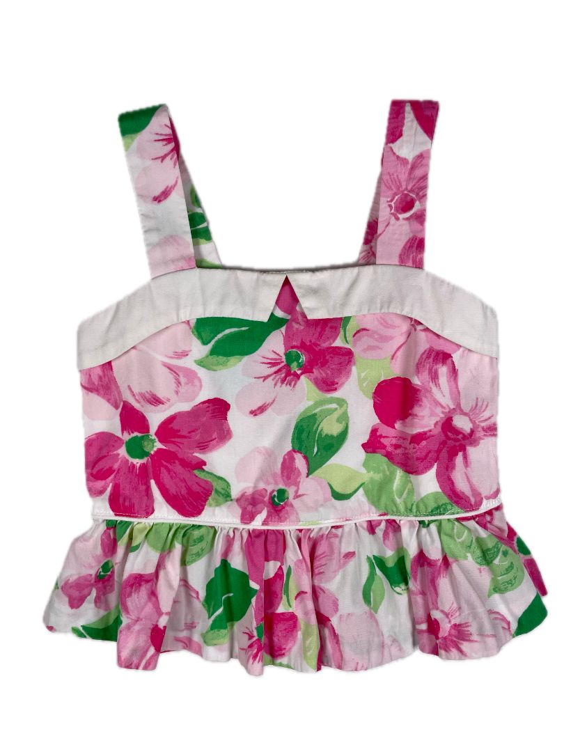 6-12 mo, Janie and Jack, White, Sleeveless floral peplum blouse, button back, pink/green
