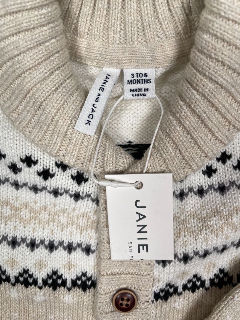 3-6 mo, Janie and Jack, Cream, New w/ tags - Fair Isle button-up shawl collar cardigan