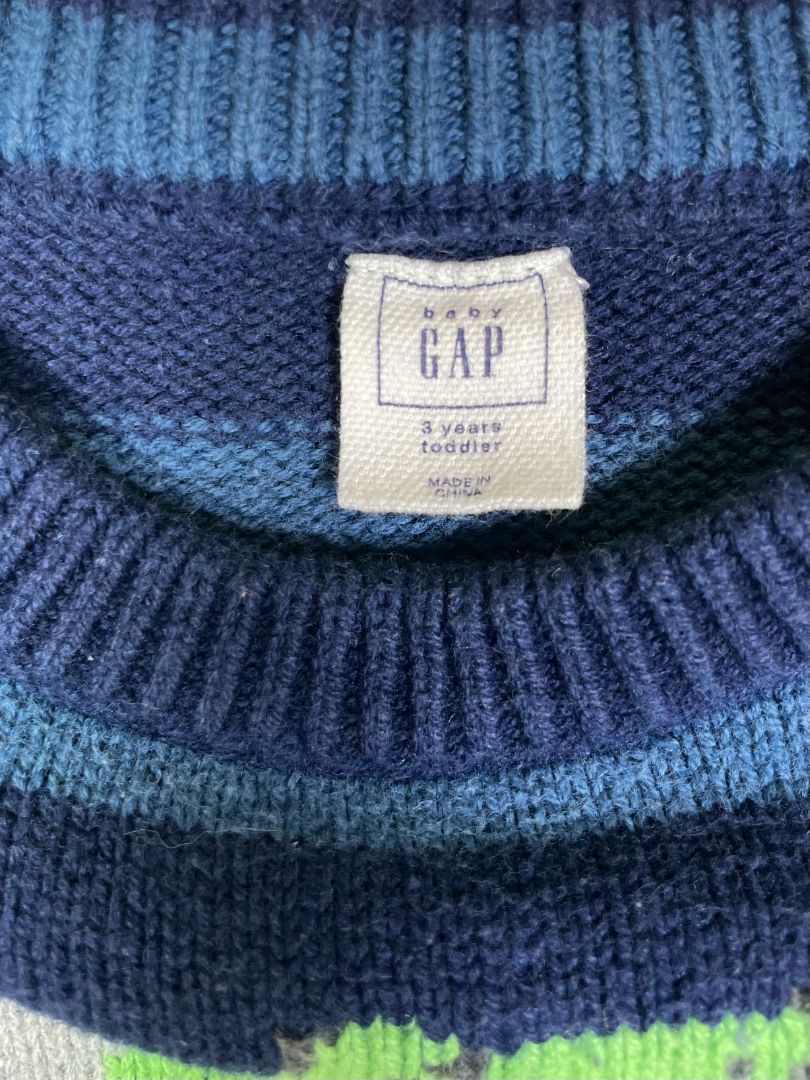 3/3T, babyGap, Blue, Striped T-rex pullover knit sweater
