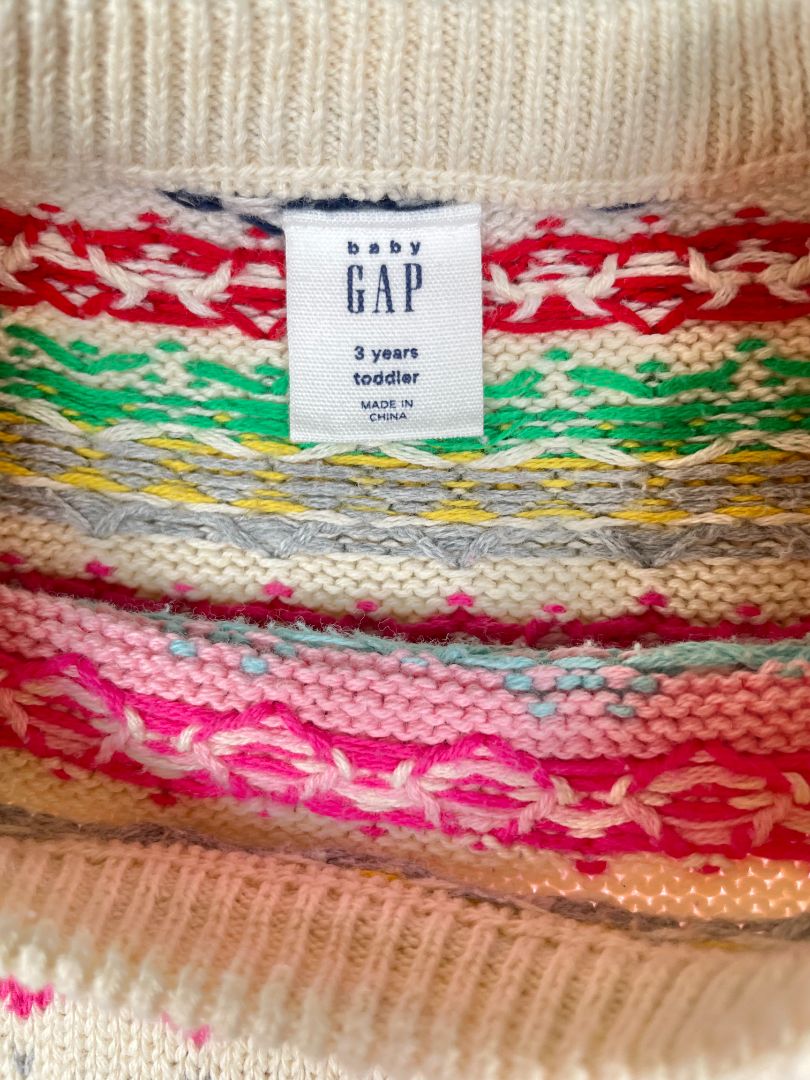 3/3T, babyGap, Cream, Long-sleeve cotton Fair Isle sweater dress, pink/blue/green