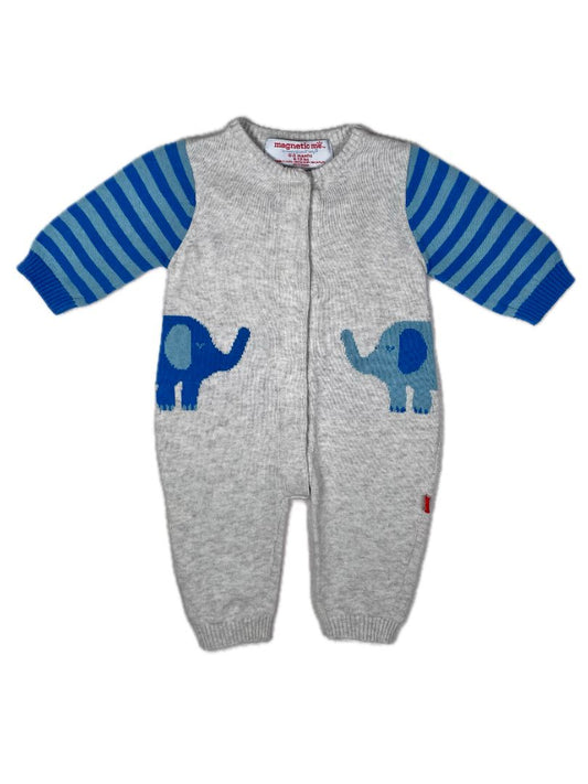 0-3 mo, Magnetic Me, Grey, Knit coverall, blue elephants & striped sleeves, magnetic closure