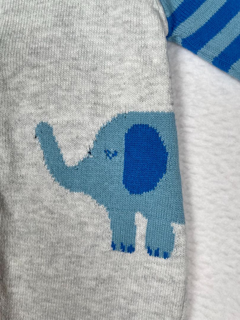 0-3 mo, Magnetic Me, Grey, Knit coverall, blue elephants & striped sleeves, magnetic closure