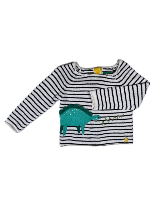 6-9 mo, Joules Clothing, White, Striped green stegosaurus sweater w/ 3D plates
