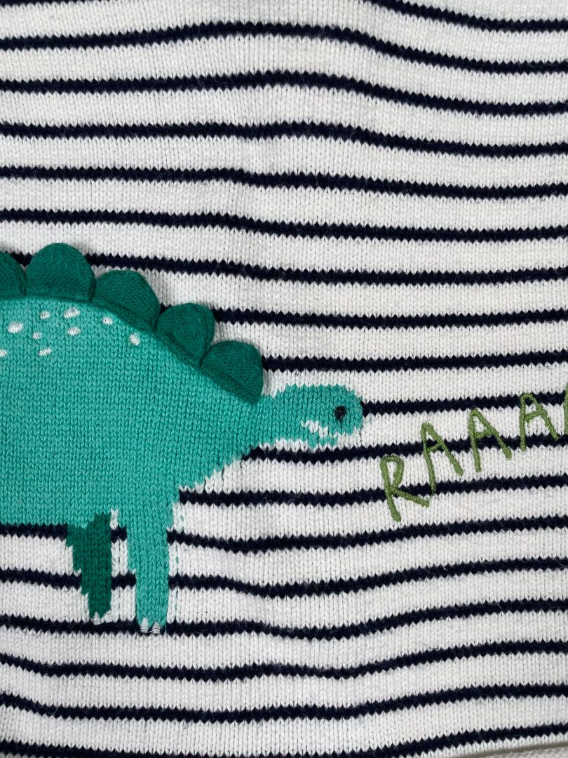 6-9 mo, Joules Clothing, White, Striped green stegosaurus sweater w/ 3D plates