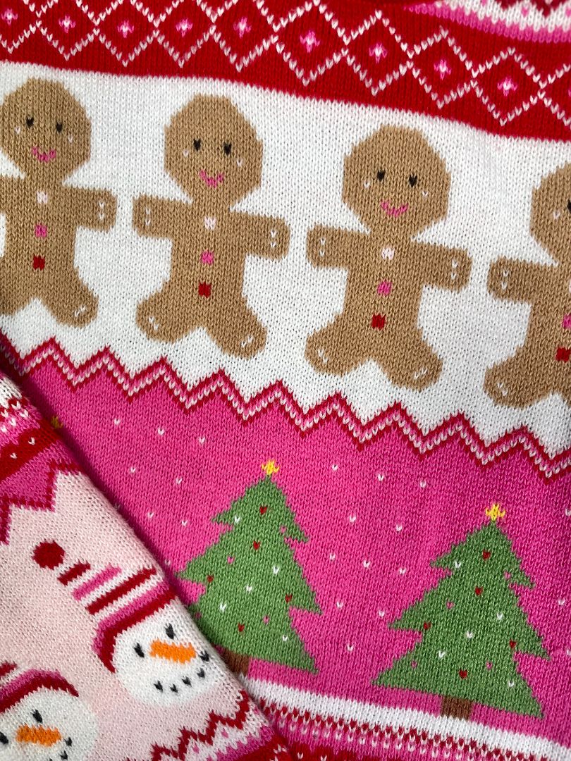 4/4T, Gymboree, Red, Jaquard Christmas sweater, gingerbread, trees, snowmen, peppermint buttons