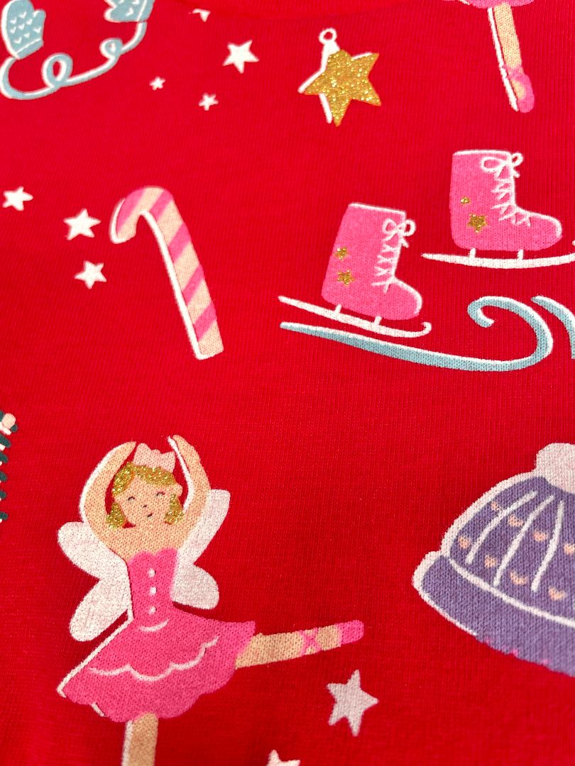 2-3, M&S, Red, Long-sleeve Christmas print dress, ballerinas, ice skates