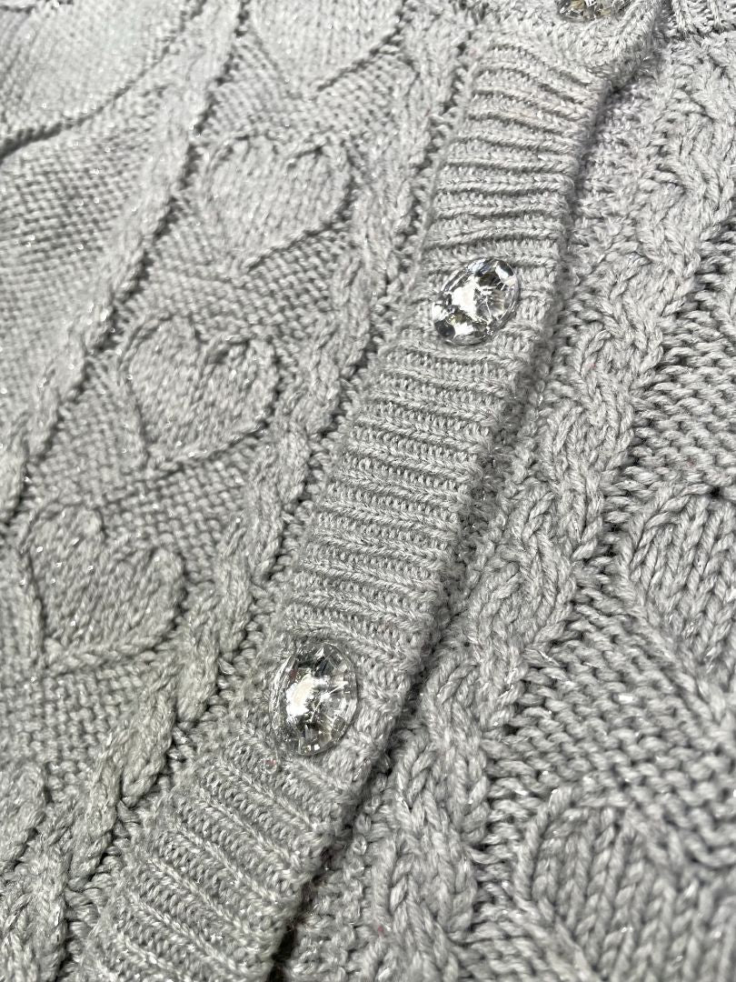 3-6 mo, babyGap, Grey, Vintage silver sparkly heart cable-knit cardigan, rhinestone buttons (see notes)