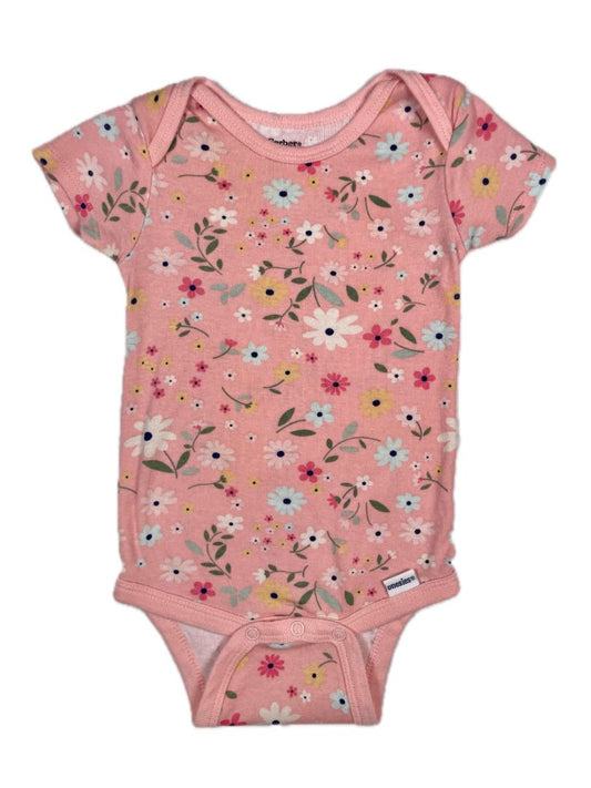 3-6 mo, Gerber, Pink, Floral short-sleeve bodysuit, white/pink/blue/yellow